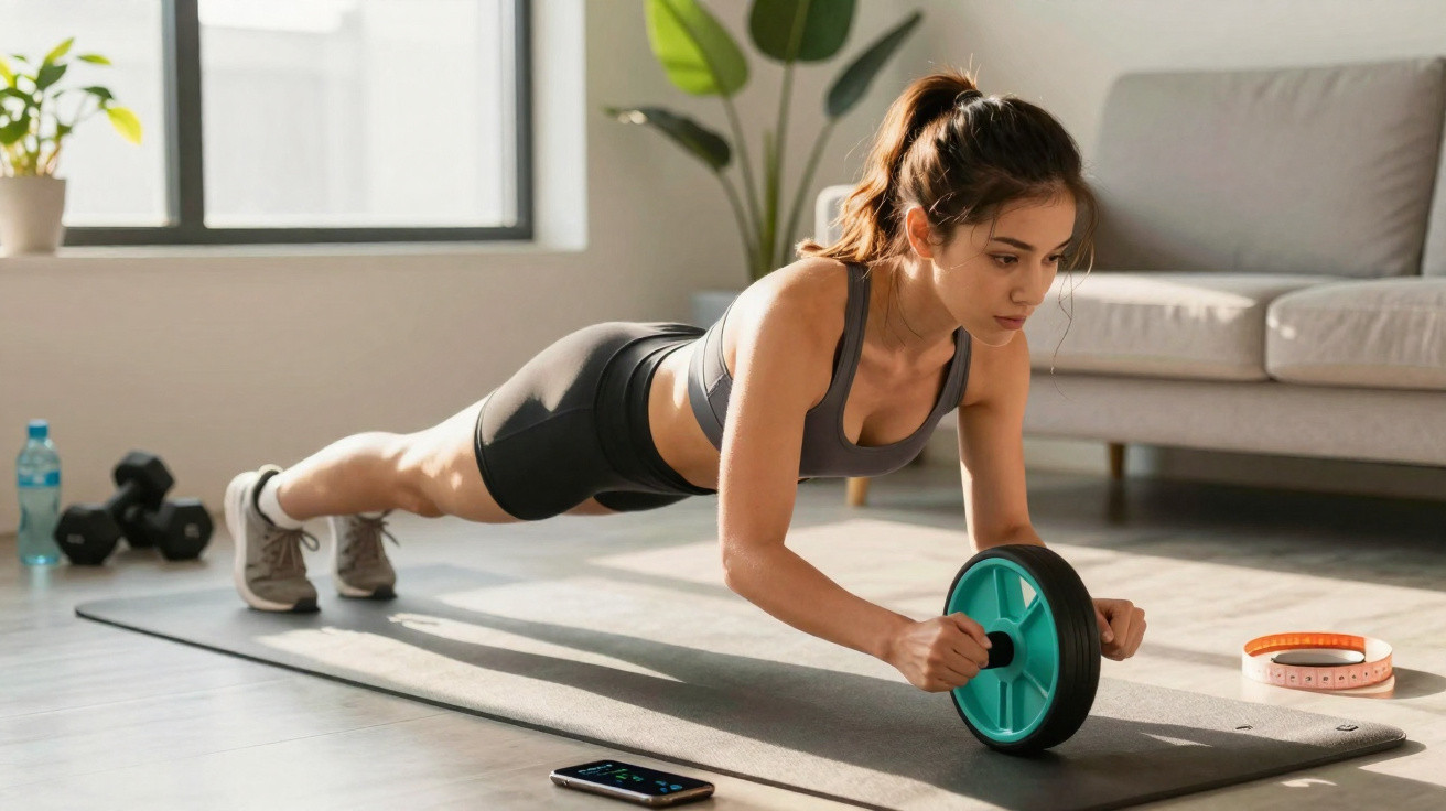 Frau macht Liegestütz mit einem Fitnessrad auf einer Trainingsmatte im Wohnzimmer.