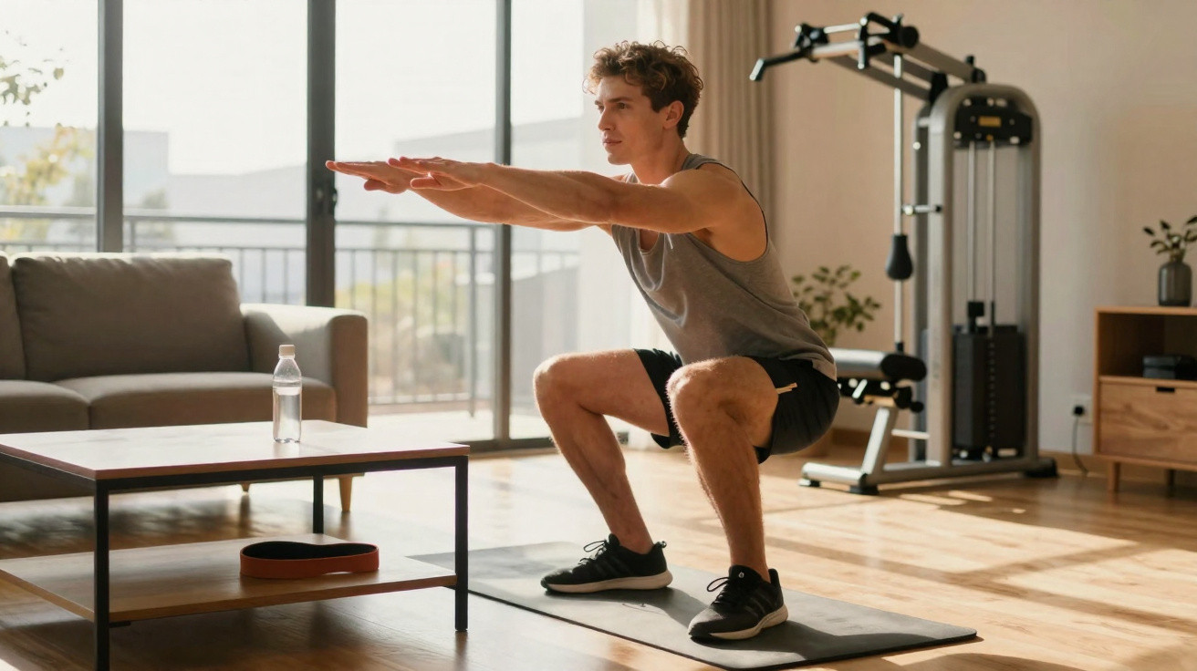 Junger Mann macht Kniebeugen auf Trainingsmatte im hellen Wohnzimmer mit Fitnessgeräten.