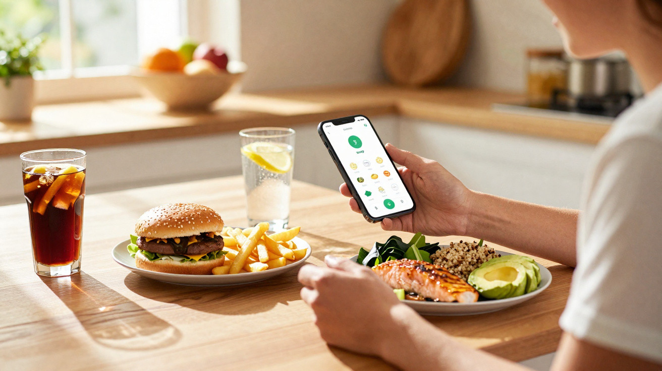 Person sitzt am Tisch mit Burger, Pommes, Salat und Lachsfilet und hält ein Smartphone in der Hand.