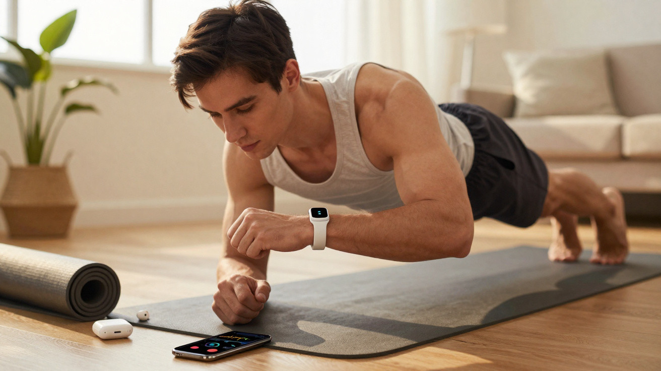 Mann macht Unterarmstütz auf Yogamatte und schaut auf Smartphone mit Fitness-App im Wohnzimmer.
