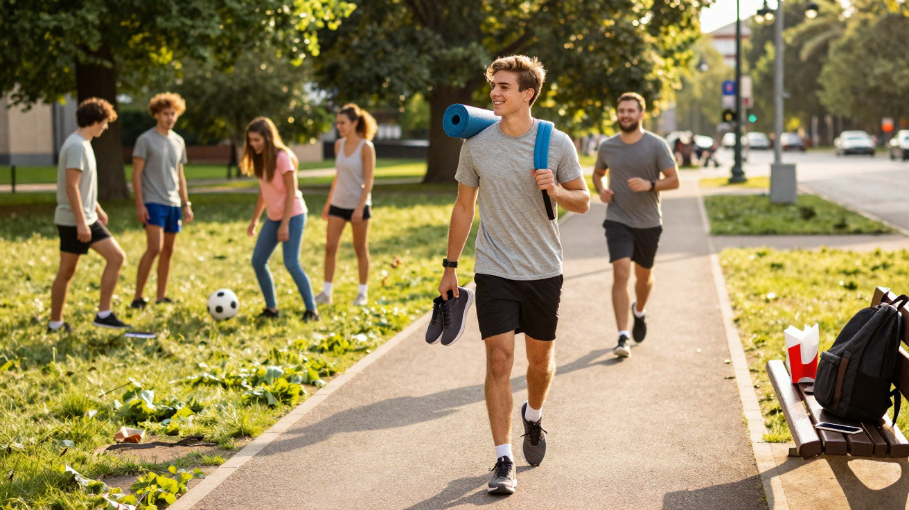 Junge Leute spielen Fußball auf der Wiese, während andere Joggen und spazieren auf dem Weg im Park.