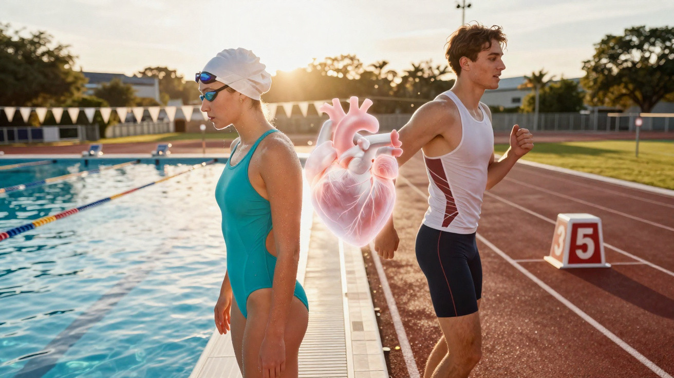 Frau im Badeanzug am Pool und Mann im Sportdress auf Laufbahn mit überlagerter Illustration eines Herzens.