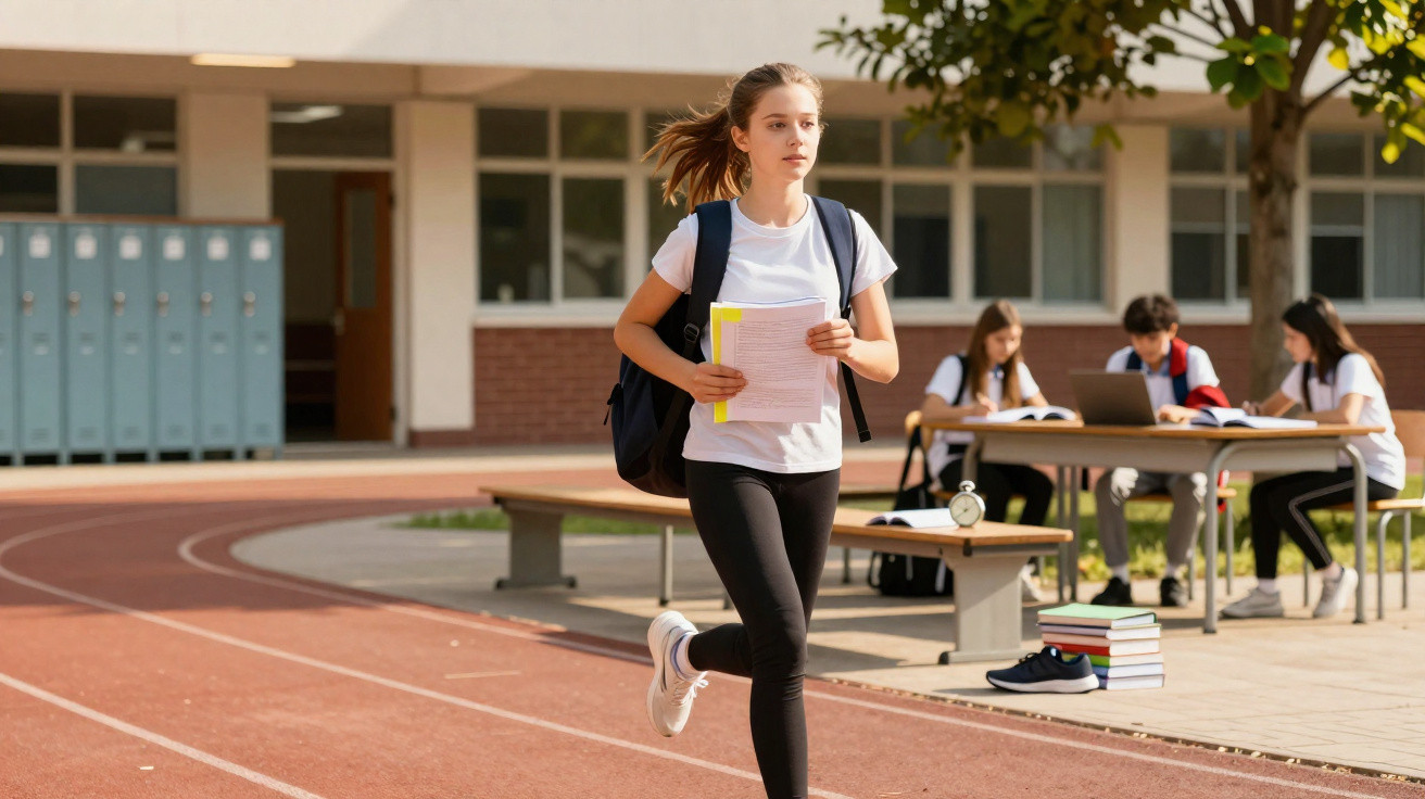 Jugendliche Schülerin läuft mit Schulunterlagen über die Laufbahn, im Hintergrund sitzen Mitschüler an Tischen.