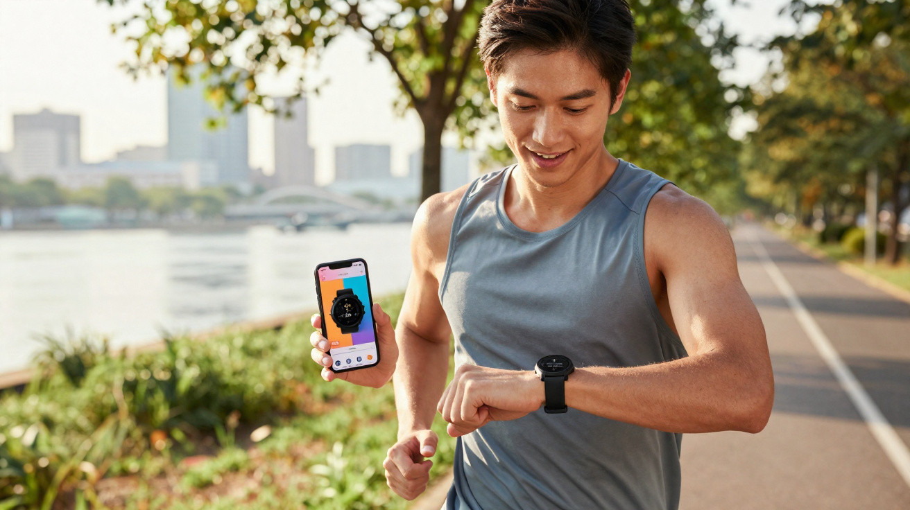 Junger Mann beim Joggen am Flussufer, der eine Sportuhr trägt und ein Smartphone zeigt.