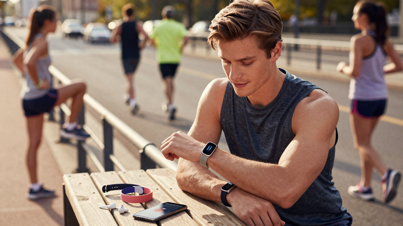 Junger Mann mit Fitnessuhr beim Outdoor-Workout, andere joggen und dehnen im Hintergrund.