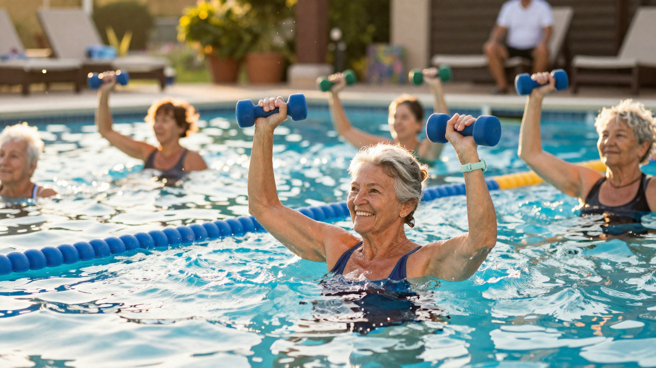 Seniorinnen trainieren mit Hanteln im Schwimmbecken bei sonnigem Wetter in einer Outdoor-Wassergymnastikgruppe.