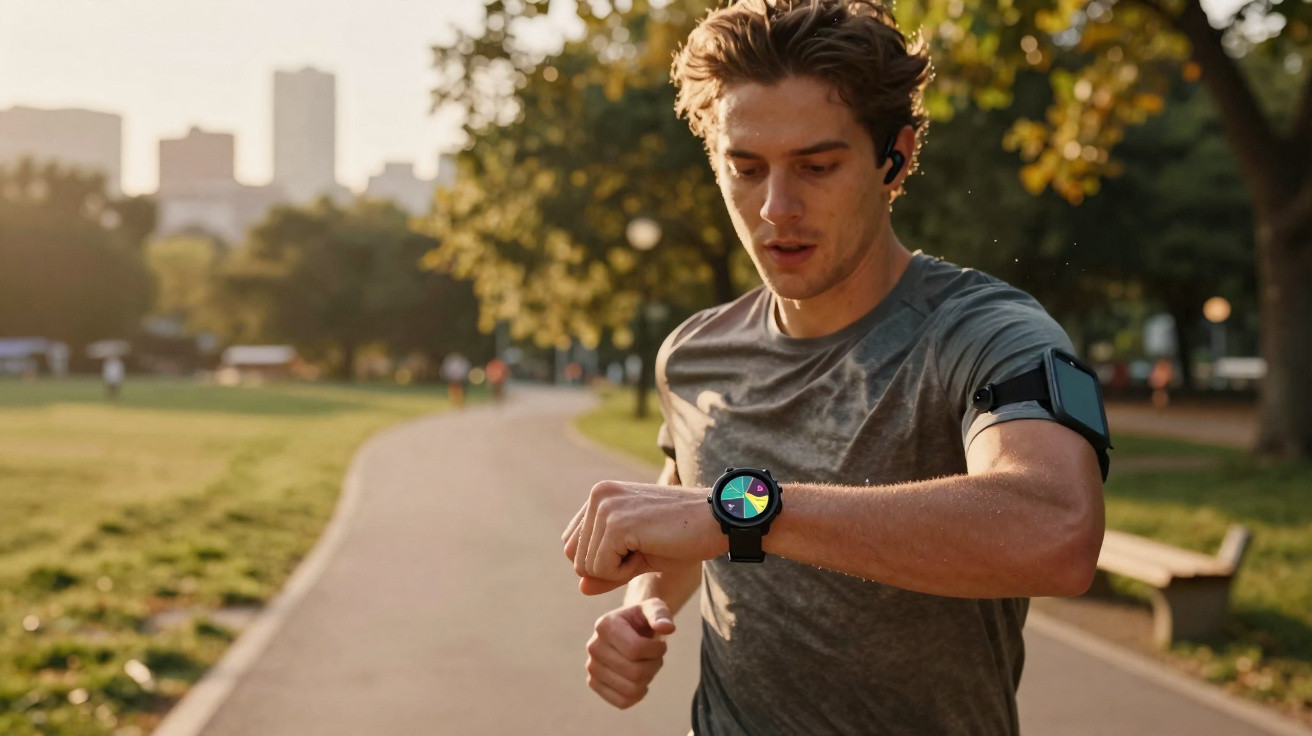 Junger Mann joggt im Park und schaut auf seine Smartwatch bei Sonnenuntergang.