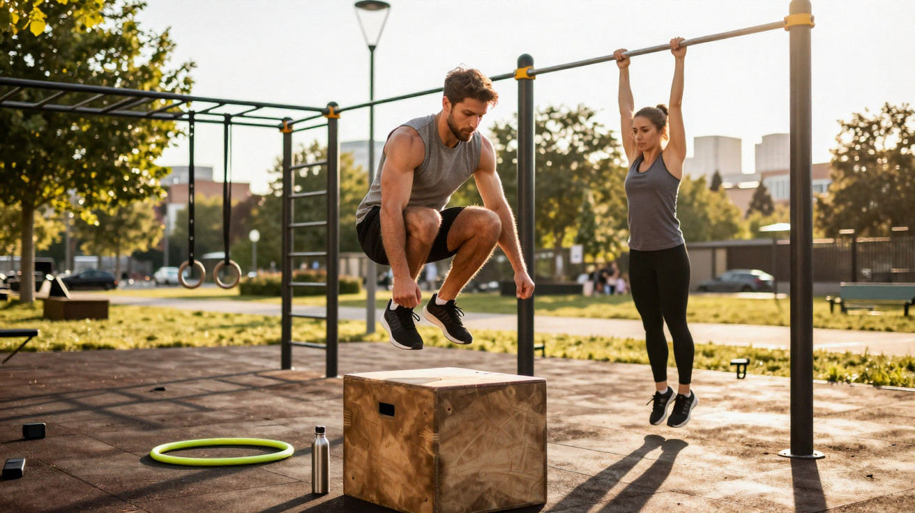 Mann macht Plyo-Boxsprung, Frau hangelt an Stange im Outdoor-Fitnessbereich bei Sonnenuntergang.