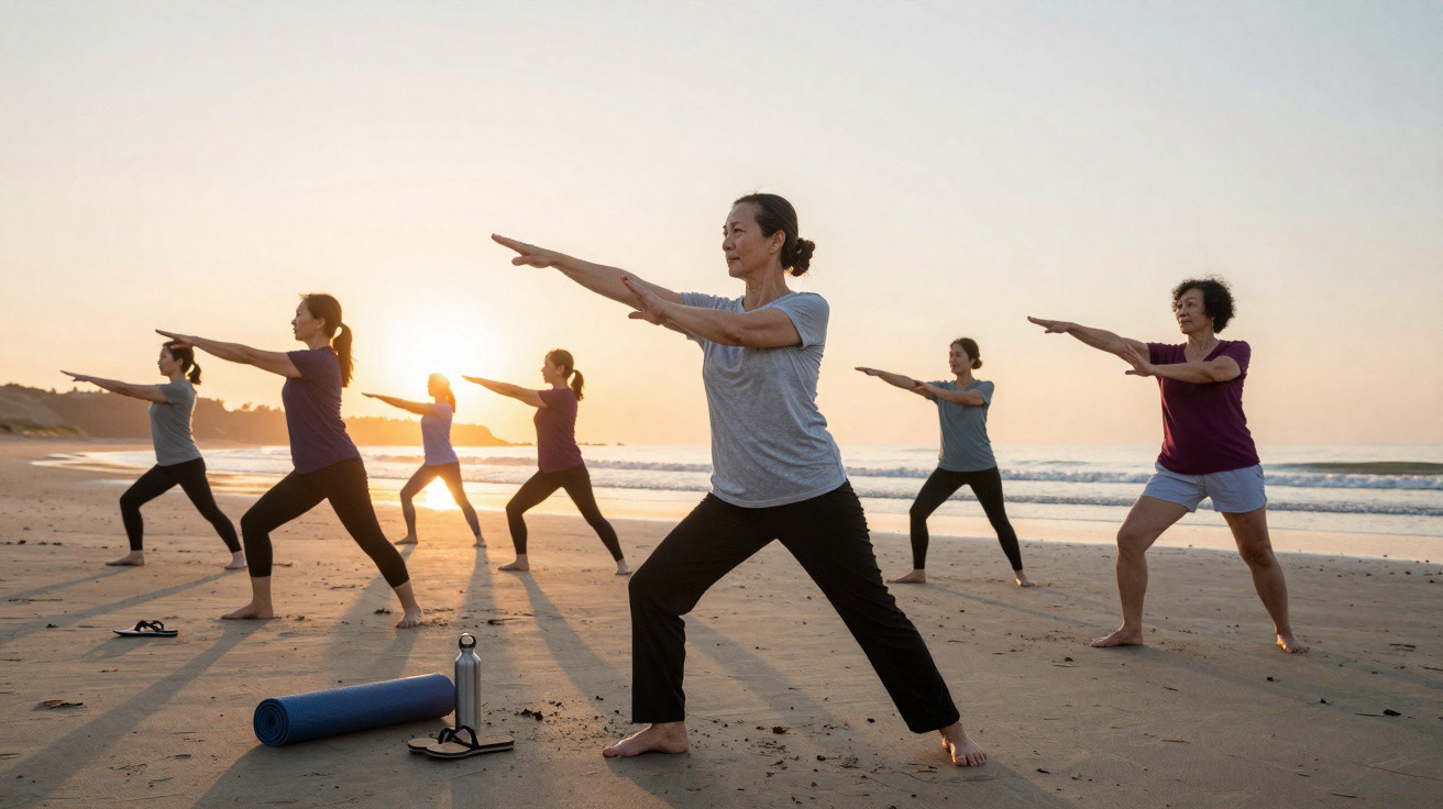 Mehrere Personen praktizieren Yoga am Strand bei Sonnenaufgang, stehen in einer kämpferischen Pose.