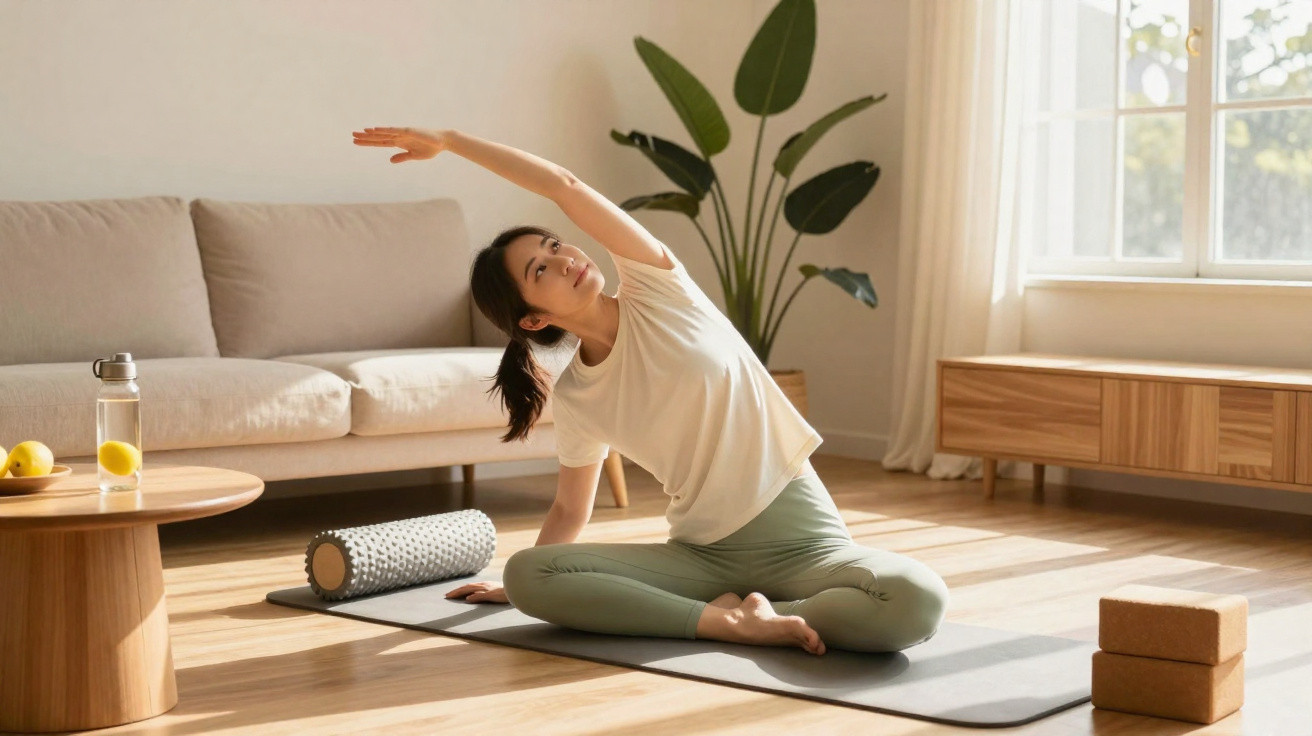 Frau macht Yoga-Dehnübung sitzend auf Matte im hellen Wohnzimmer mit Pflanze und Sofa im Hintergrund.