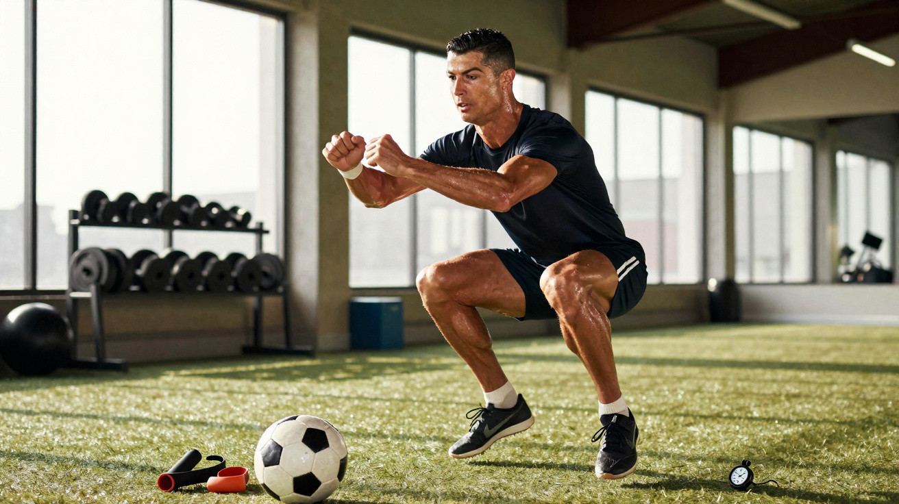 Sportler macht Sprungübungen in Sporthalle mit Fußball und Trainingsgeräten im Vordergrund.