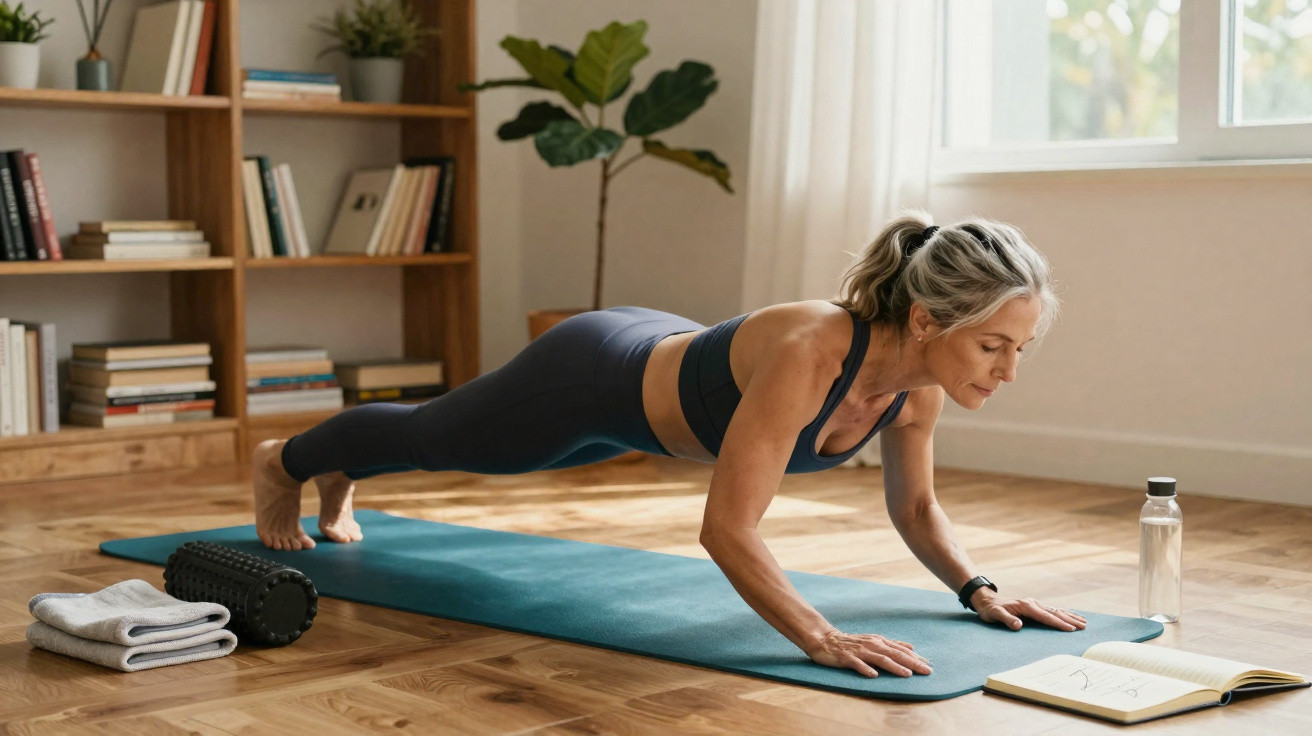 Frau mittleren Alters macht Liegestütze auf Yogamatte in hellem Wohnzimmer mit Buch und Wasserflasche.