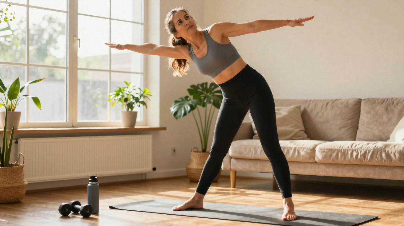 Frau macht Dehnübungen auf Yoga-Matte im hellen Wohnzimmer mit Pflanzen und Sofa im Hintergrund.