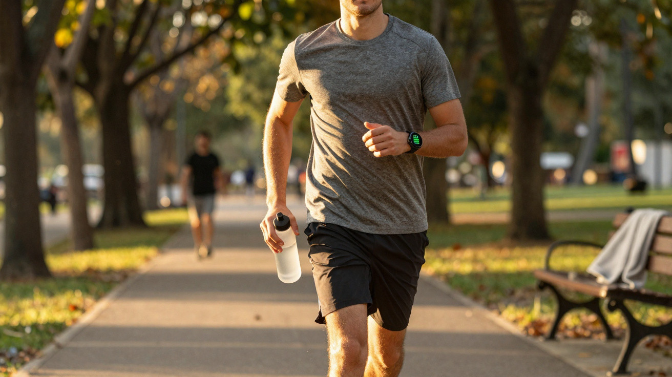 Mann joggt im Park mit grauem T-Shirt, schwarzer Shorts und Wasserflasche bei Sonnenlicht.