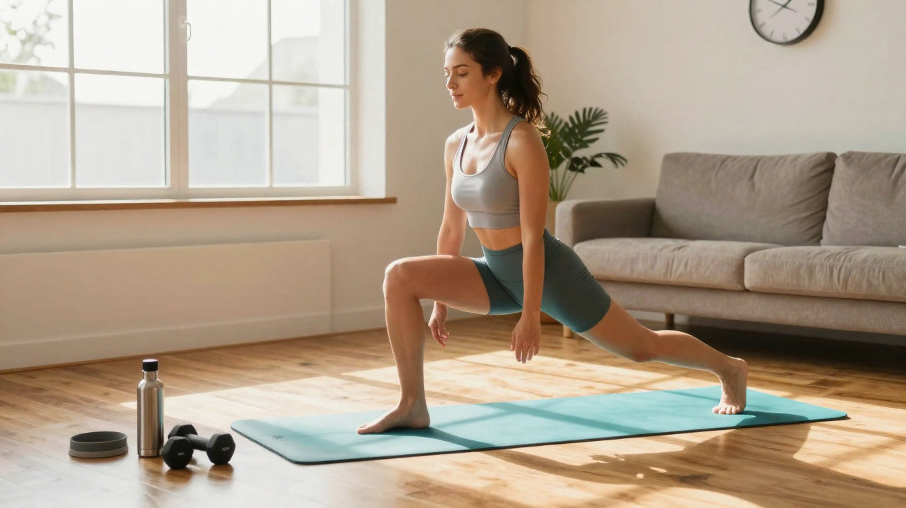 Frau macht Ausfallschritt auf Yogamatte im hellen Wohnzimmer neben Hanteln und Wasserflasche.