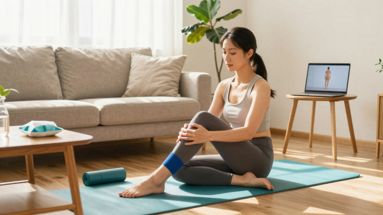 Frau macht Yoga auf Matte im Wohnzimmer, Laptop mit Übungsvideo im Hintergrund, helle und ruhige Atmosphäre.