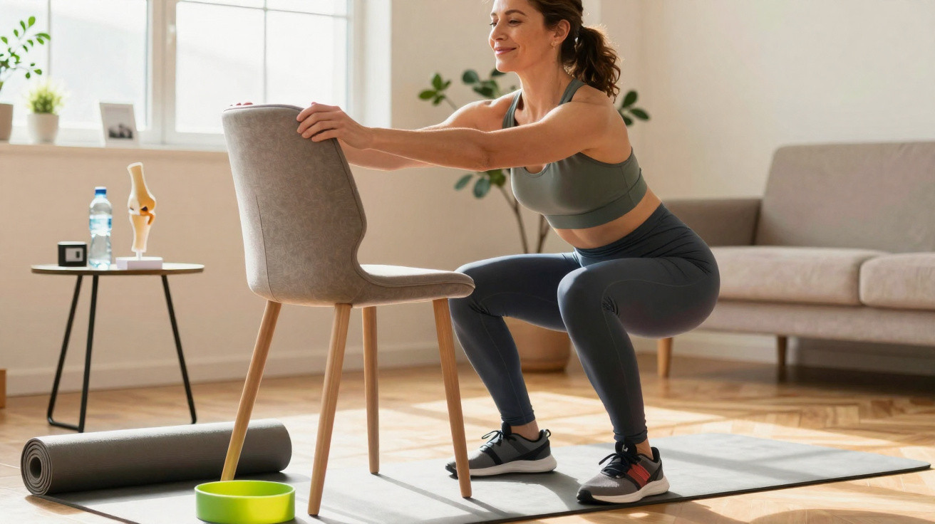Frau macht Kniebeugen mit einem Stuhl als Unterstützung in hellem Wohnzimmer mit Yogamatte.