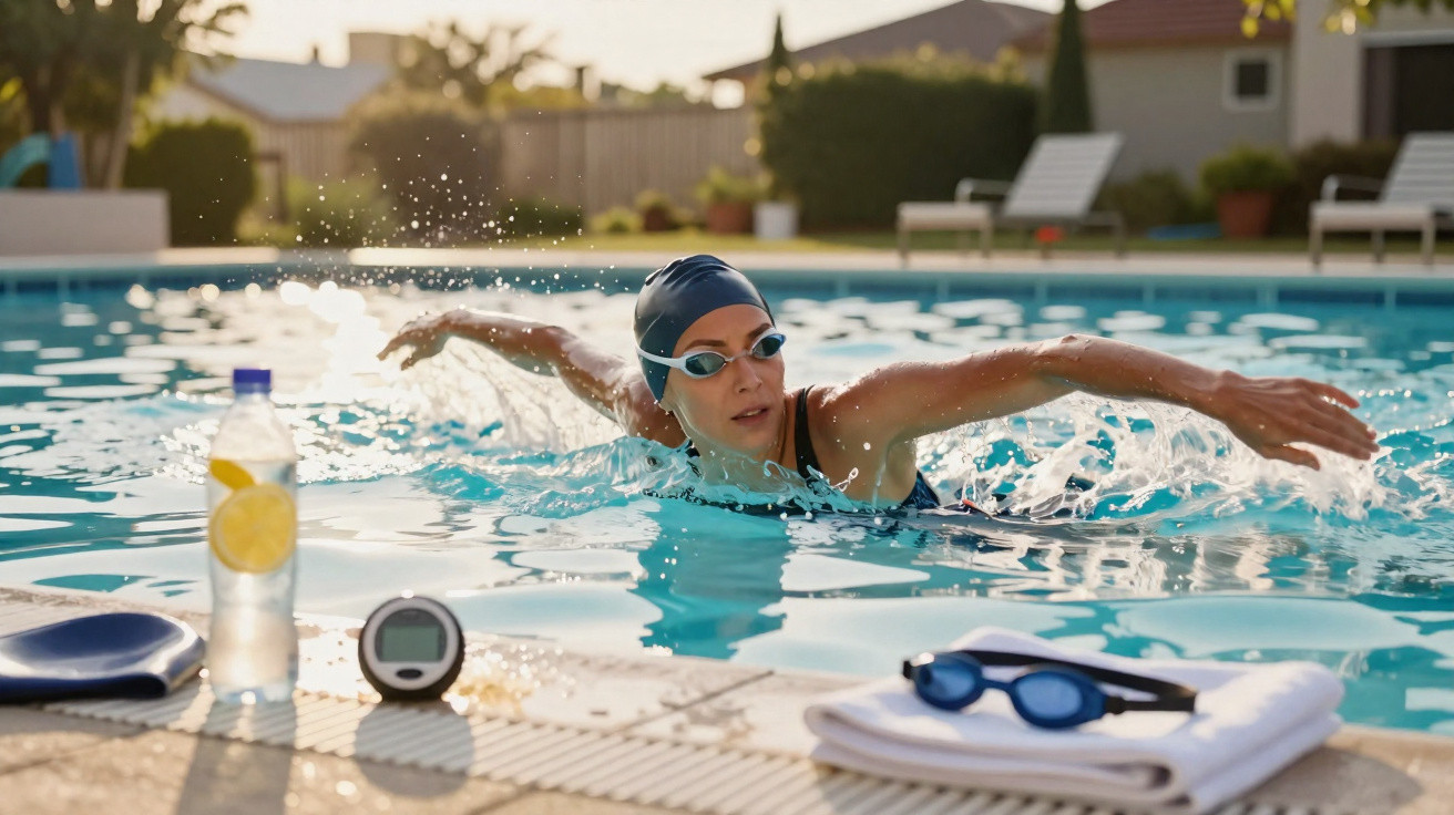 Frau schwimmt im Freibad mit Schwimmbrille und Badekappe, Poolzubehör am Beckenrand bei Sonnenlicht.