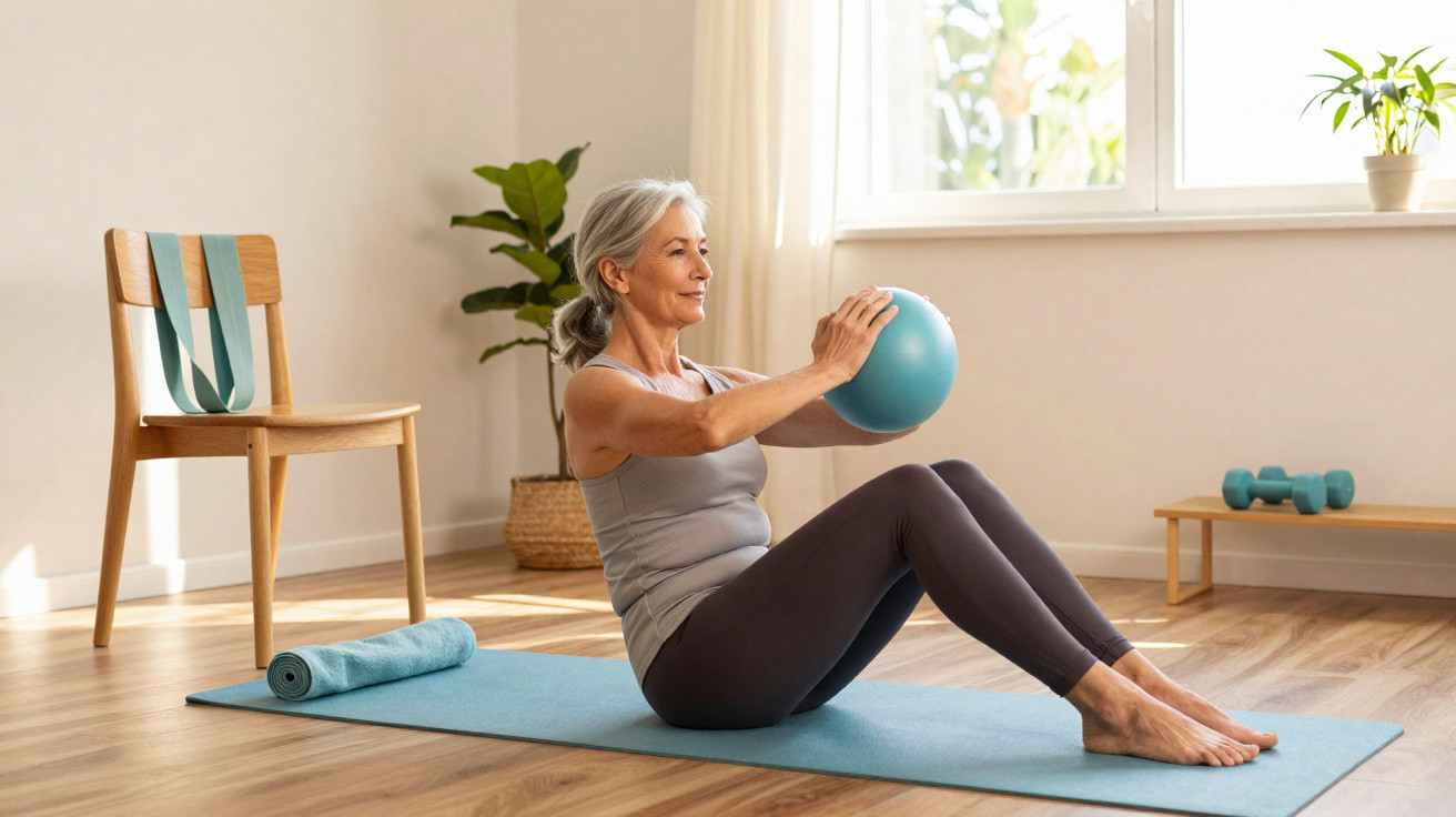 Ältere Frau macht Pilates mit Gymnastikball auf Yogamatte in hellem Wohnzimmer.