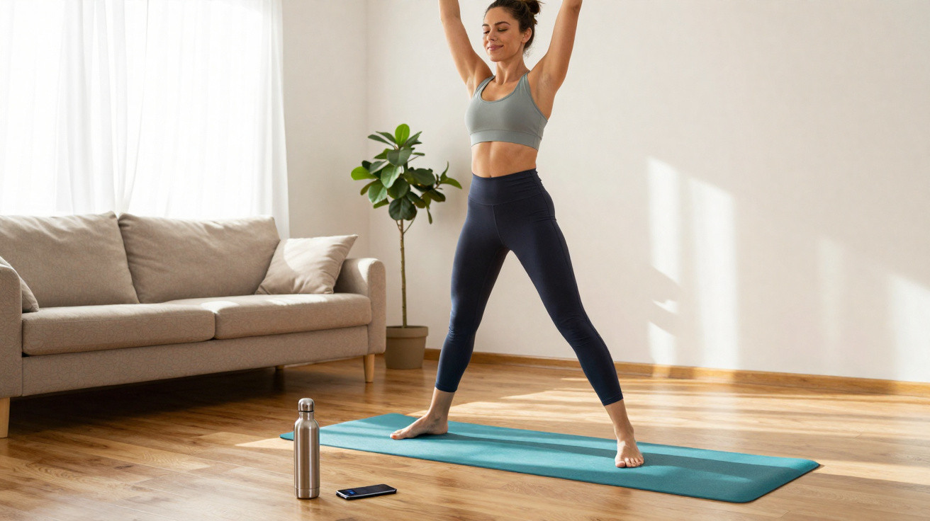 Frau in Sportkleidung macht Yogaübungen auf Matte im Wohnzimmer neben Sofa und Wasserflasche.