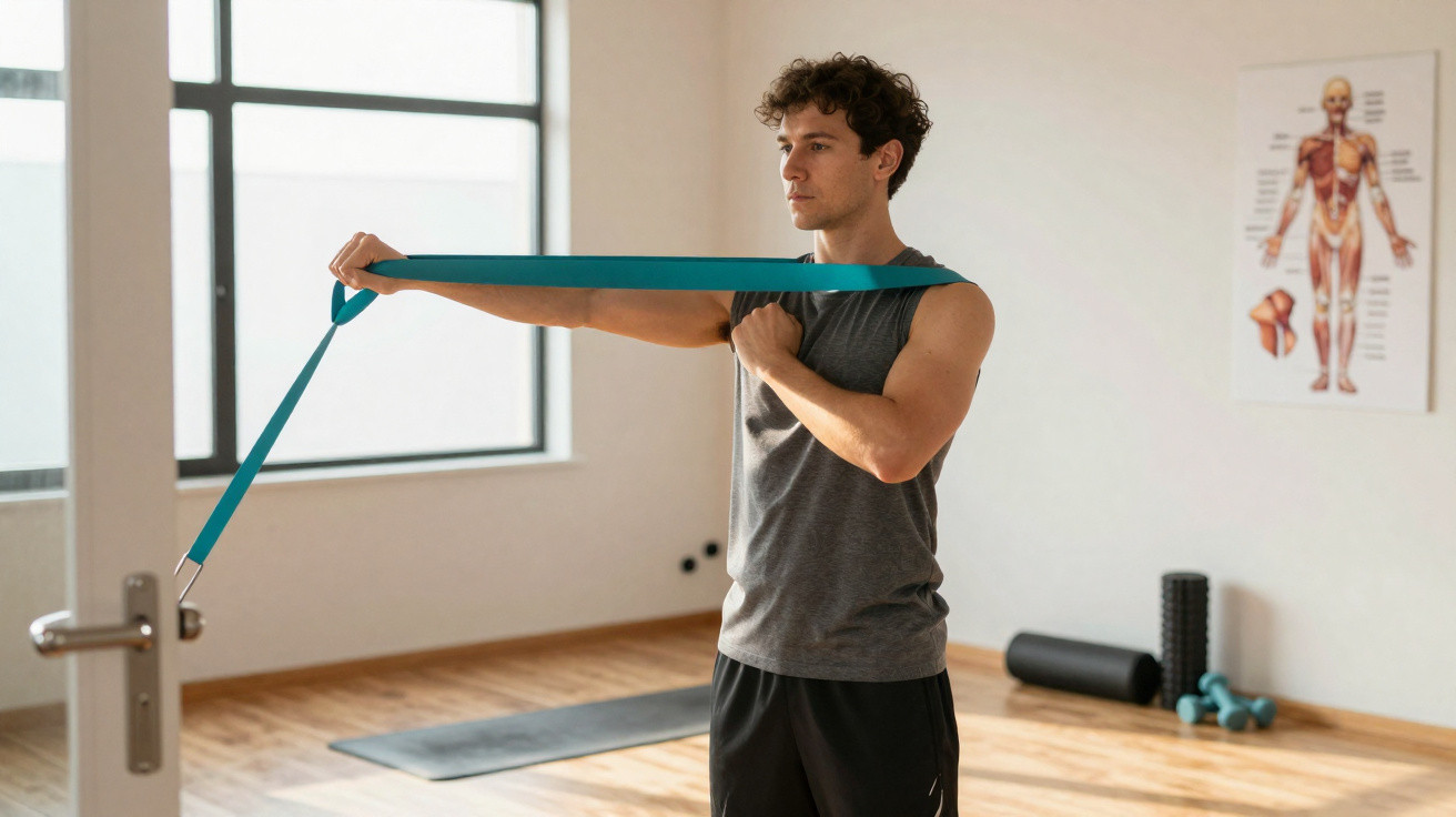 Junger Mann dehnt mit Widerstandsband den Oberkörper in einem hellen Fitnessraum.