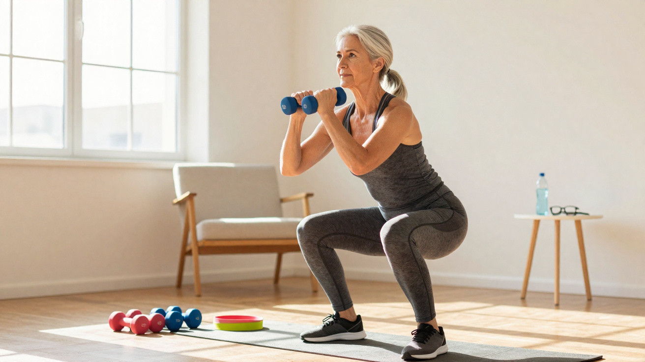 Ältere Frau in Sportkleidung macht Kniebeugen mit Hanteln auf Yogamatte in hellem Wohnzimmer.