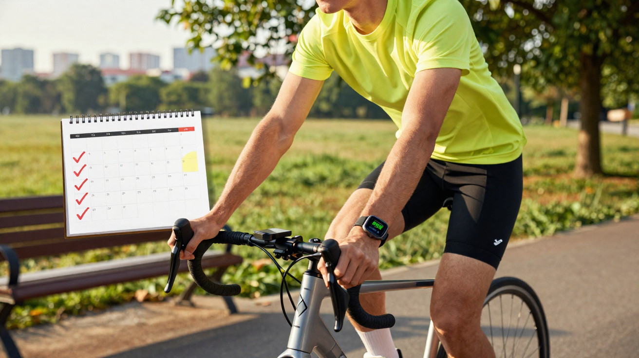 Mann in gelbem T-Shirt fährt Fahrrad im Park, daneben ein Kalender mit abgehakten Tagen.