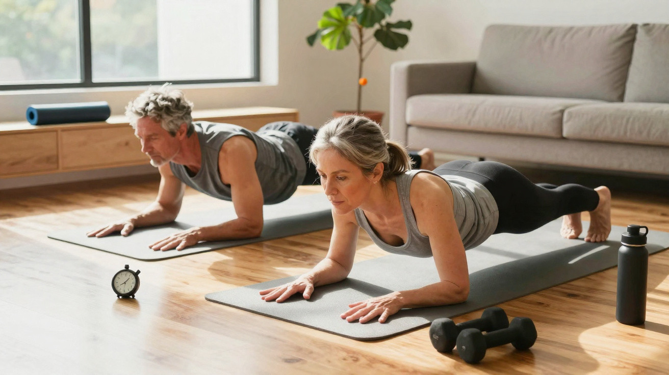 Älteres Paar macht Plank-Übung auf Yogamatten im hellen Wohnzimmer mit Hanteln und Wasserflasche.
