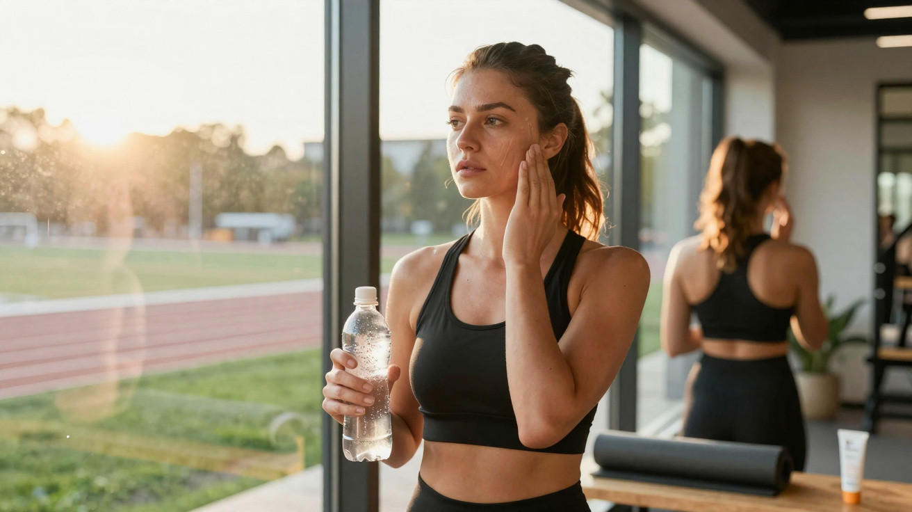 Frau in Sportkleidung mit Wasserflasche steht in hellem Raum mit Blick auf die Laufbahn im Hintergrund.