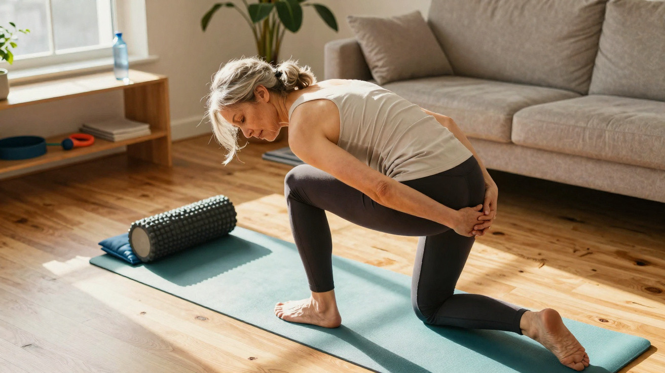 Ältere Frau macht Dehnübung auf Yogamatte im Wohnzimmer, mit Faszienrolle daneben auf Holzboden.