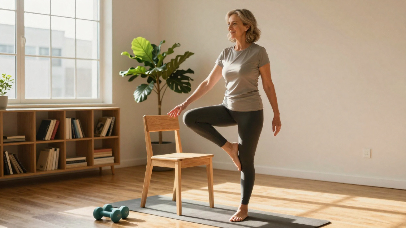 Ältere Frau macht Yoga-Übungen mit einem Stuhl in einem hellen, wohnlichen Raum mit Holzboden.