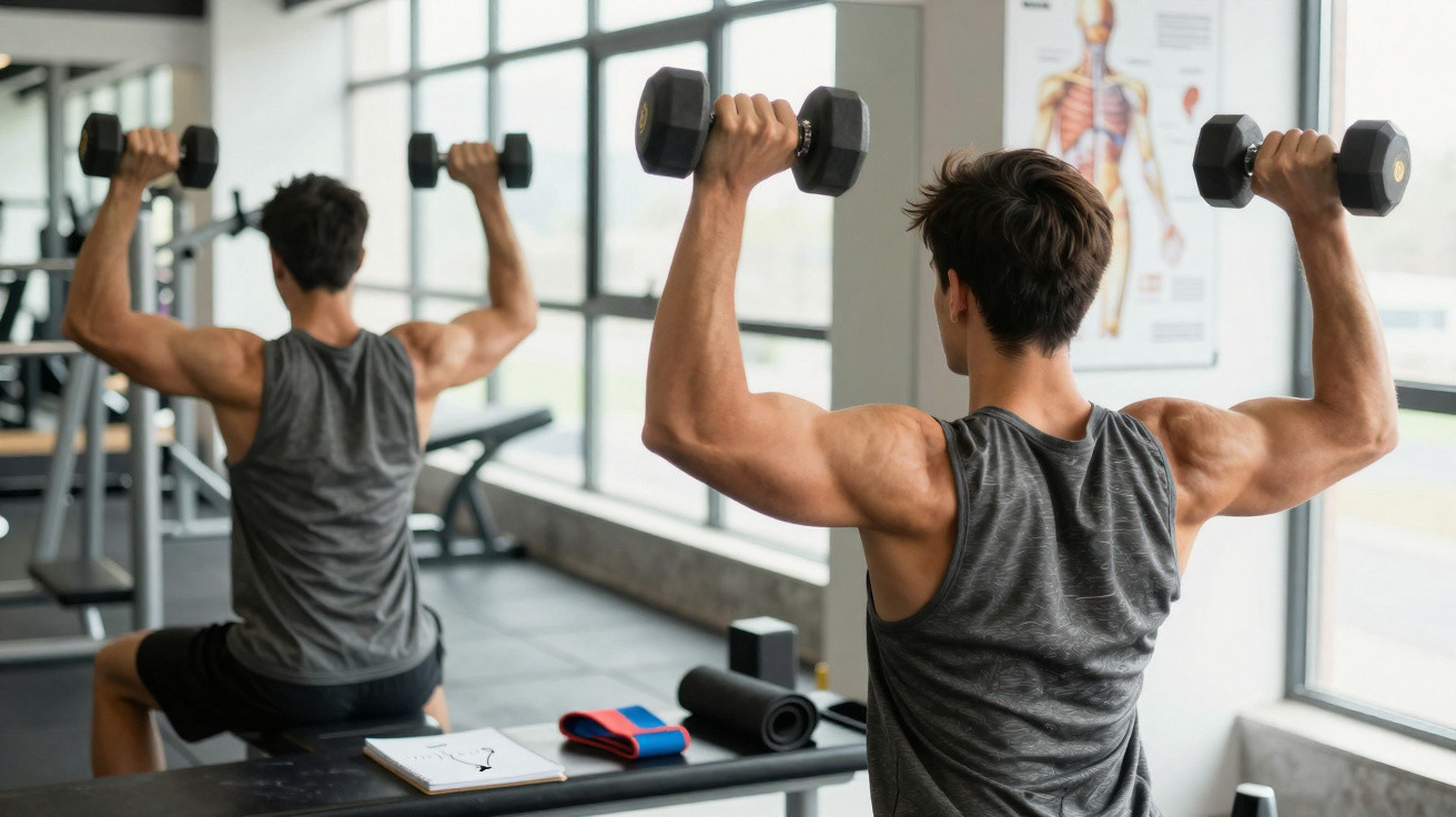 Mann im Fitnessstudio trainiert Schulterdrücken mit Kurzhanteln vor einem Spiegel.
