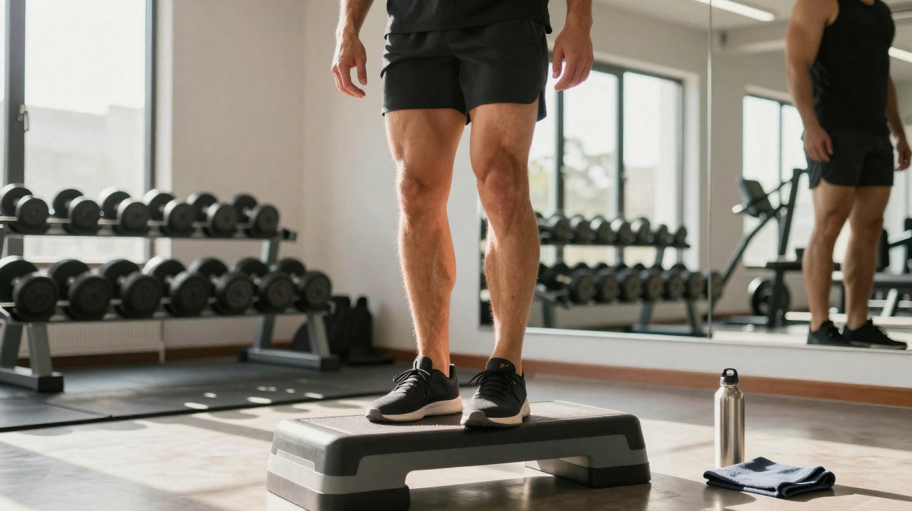 Mann mit muskulösen Beinen beim Step-Training in hellen Fitnessraum mit Hanteln und Spiegel.