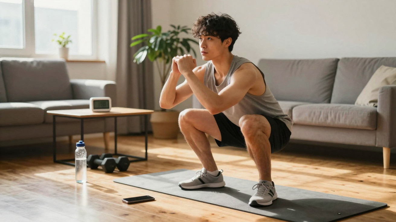 Junger Mann macht Kniebeugen auf Yogamatte im Wohnzimmer mit Hanteln und Wasserflasche im Hintergrund.
