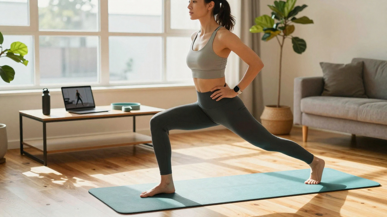Frau macht Stretching-Übung auf Yogamatte im Wohnzimmer, Laptop mit Fitnessvideo im Hintergrund.