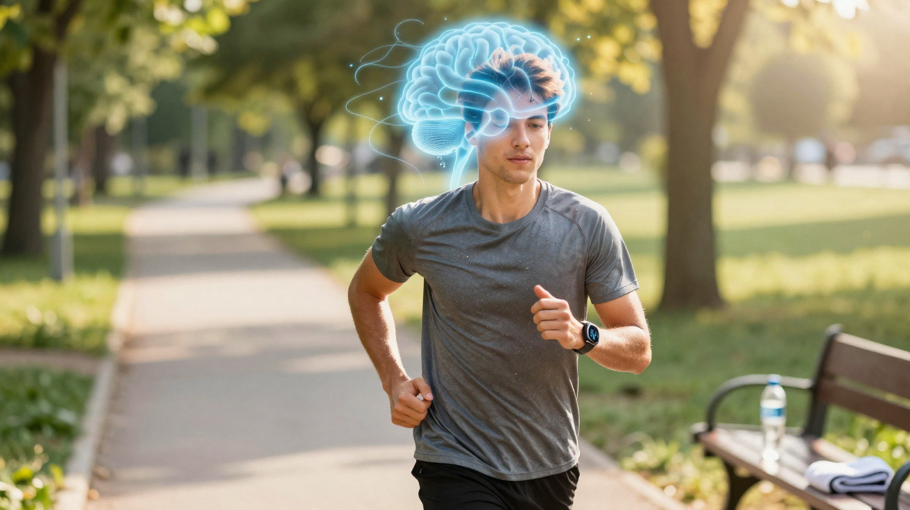 Junger Mann joggt im Park mit einer Grafik eines leuchtenden Gehirns über seinem Kopf.