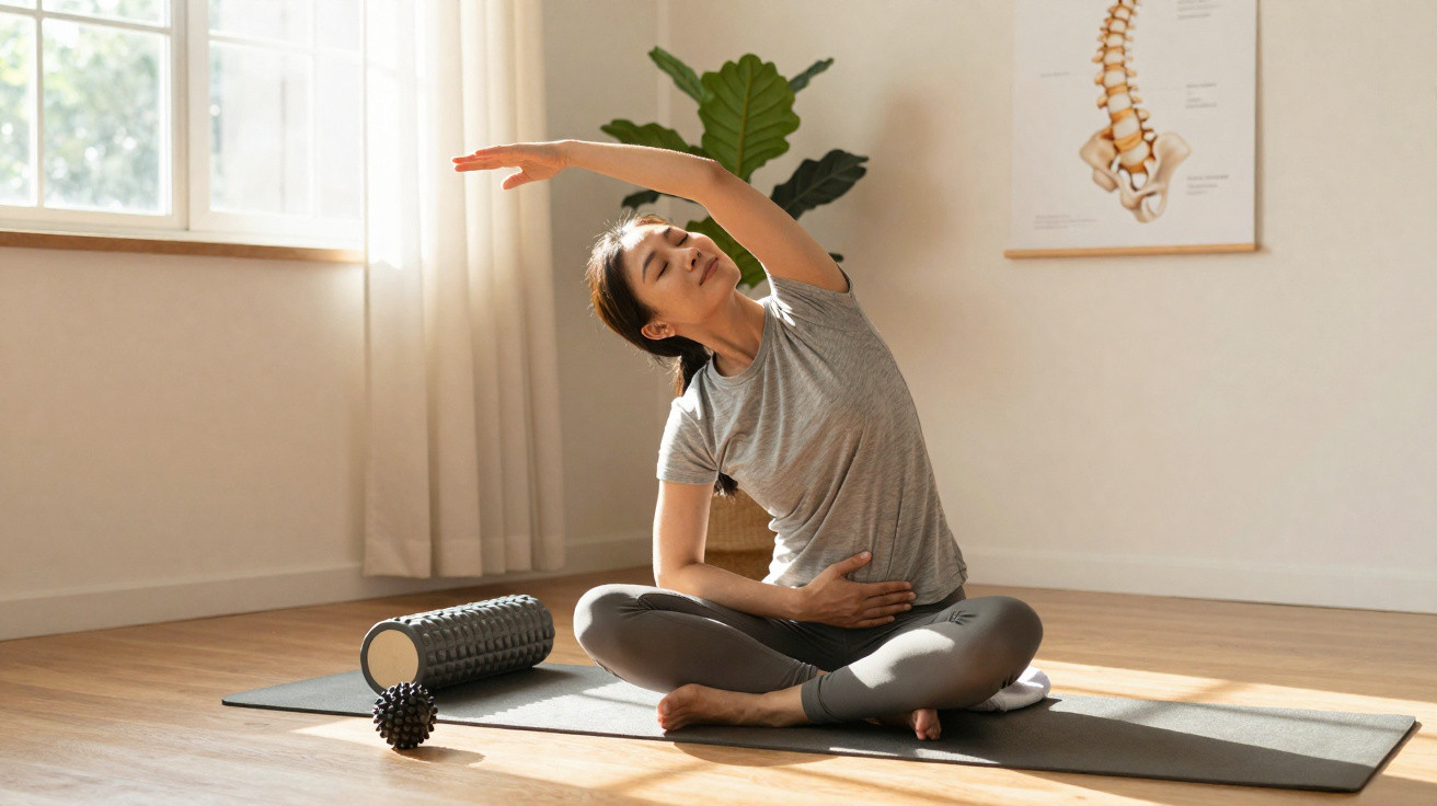 Frau macht Dehnübungen im Schneidersitz auf Yogamatte in hellem Raum mit Pflanzen und Rückenposter.