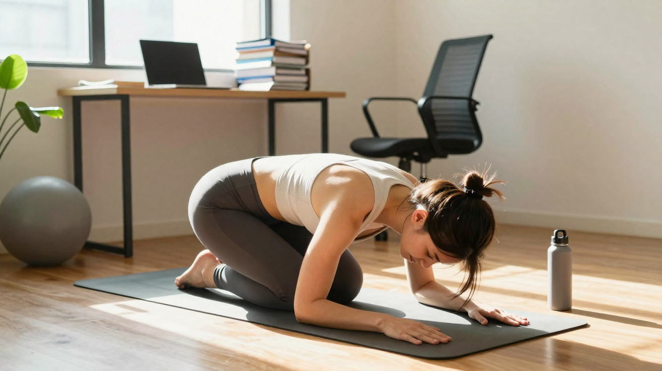 Frau macht Yoga-Dehnübung auf Matte im hellen, aufgeräumten Raum mit Schreibtisch und Bürostuhl.