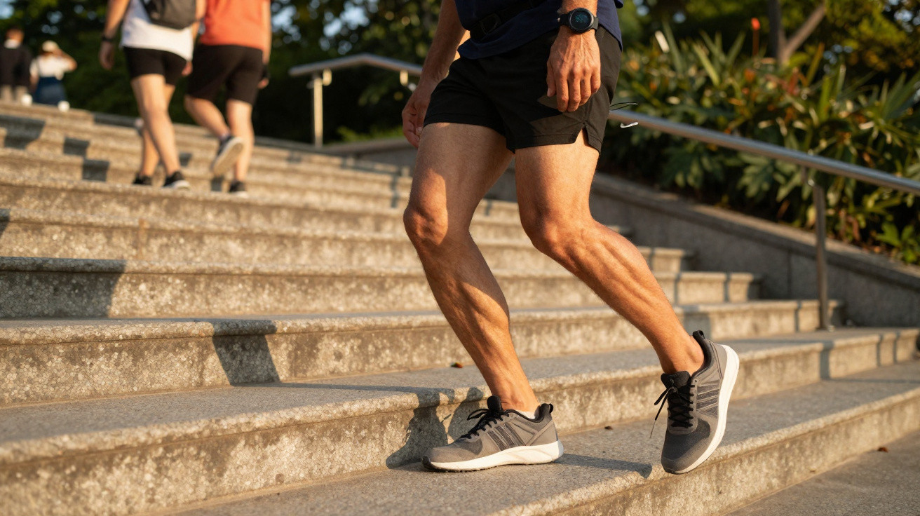 Mann in Sportschuhen joggt Treppen im Freien, weitere Läufer im Hintergrund sichtbar.