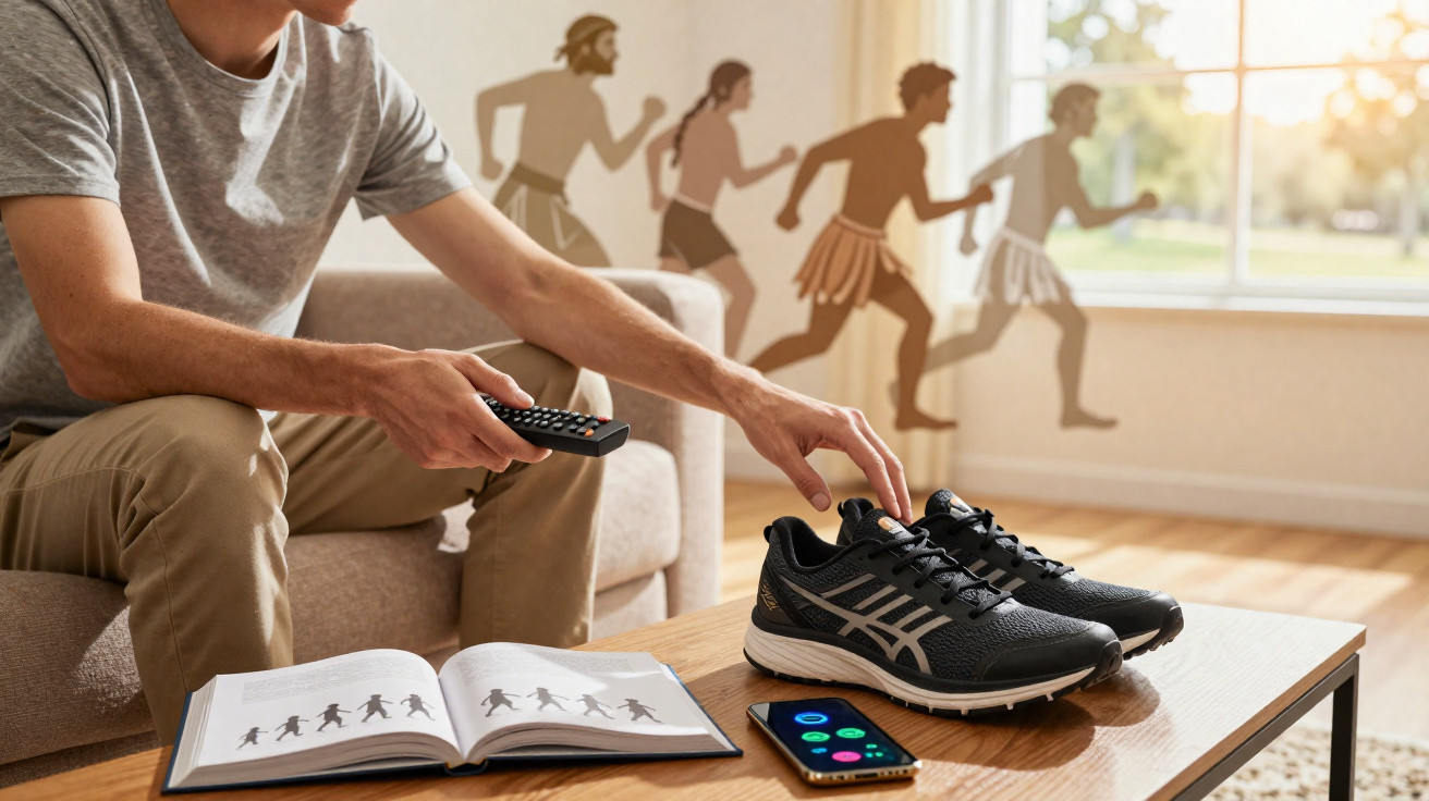 Mann sitzt auf Sofa, nimmt Turnschuhe vom Tisch, vor ihm ein Buch und Smartphone, Wand mit evolutionären Lauf-Silhouetten.