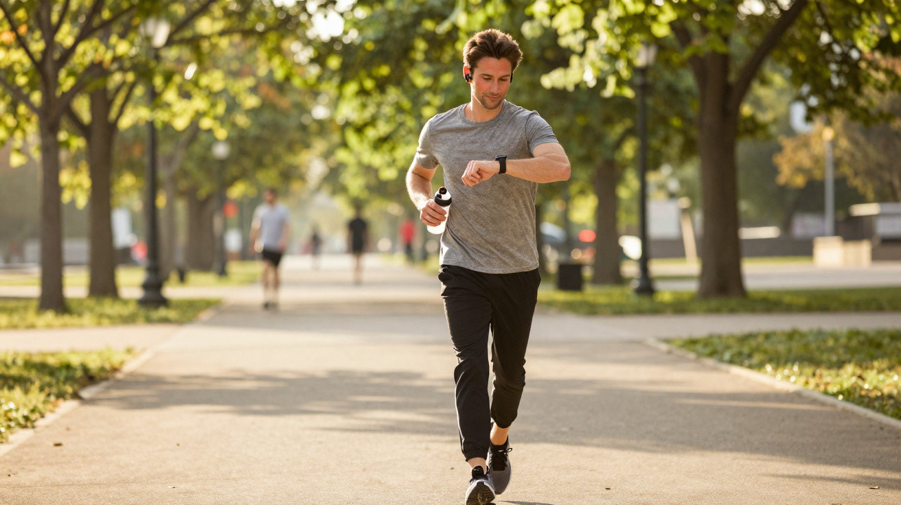 Junger Mann joggt im Park und schaut auf seine Sportuhr, sonniger Tag mit grünen Bäumen im Hintergrund.
