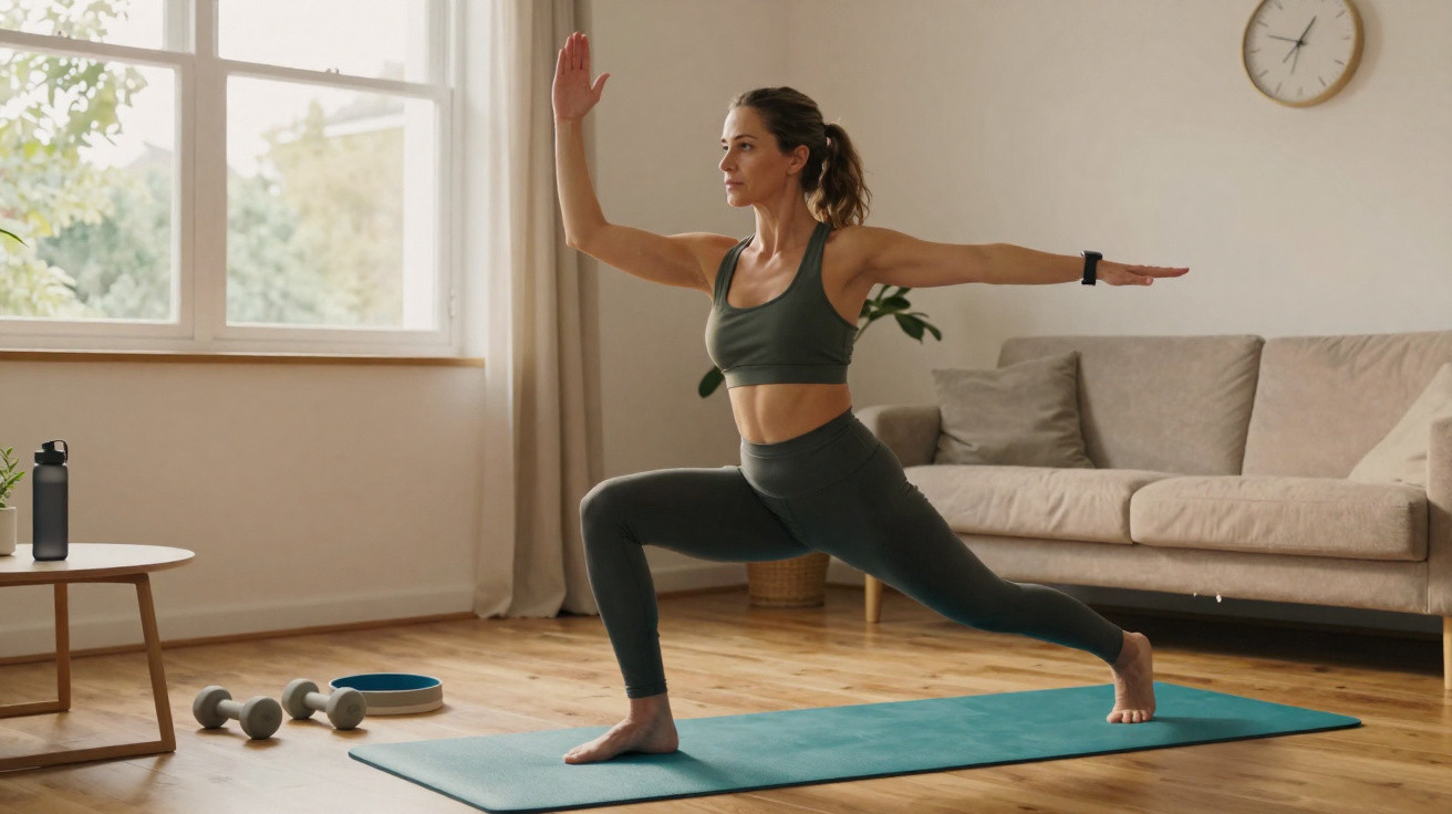 Frau macht Yoga in Sportkleidung auf Matte im Wohnzimmer mit Sofa und Fenster im Hintergrund.