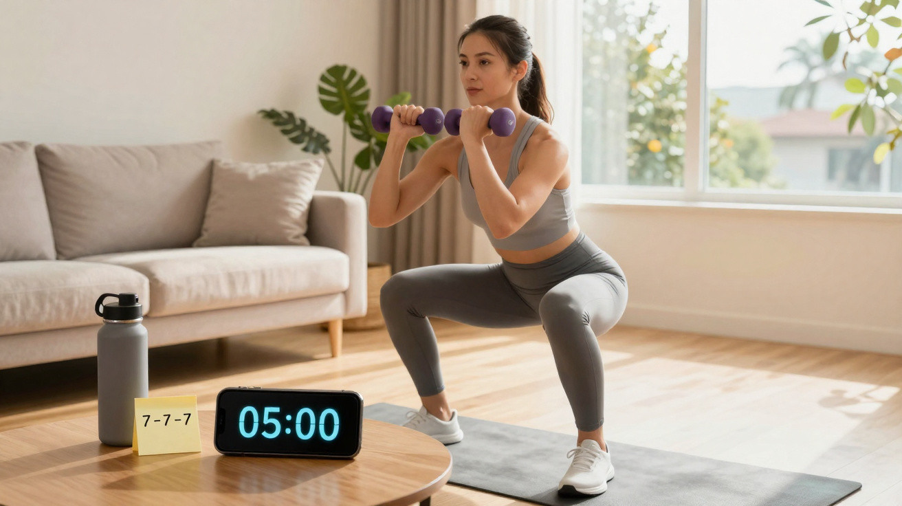 Frau macht Kniebeugen mit Hanteln auf Yogamatte im Wohnzimmer, daneben Wasserflasche und Timer auf Tisch.