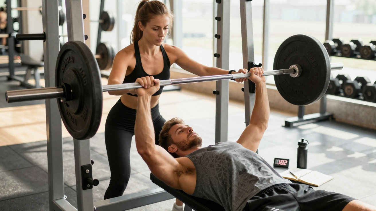 Mann macht Bankdrücken mit Langhantel, Frau unterstützt im Fitnessstudio mit Gewichten und Trainingsgeräten.
