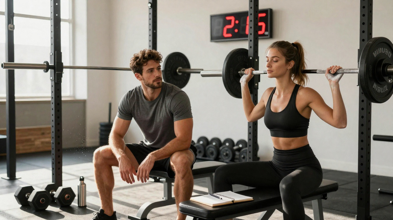 Frau macht Kniebeugen mit Langhantel im Fitnessstudio, Mann beobachtet sie auf Trainingsbank.
