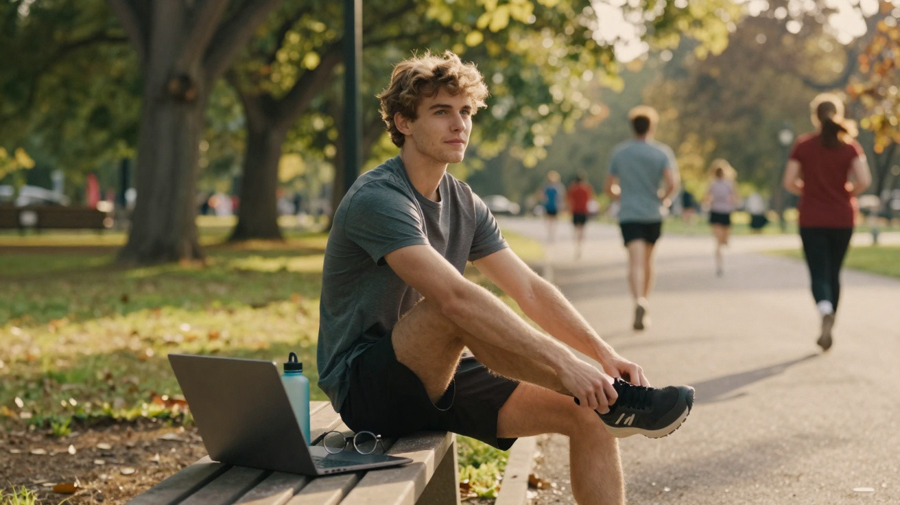 Junger Mann sitzt auf Parkbank, zieht Sportschuhe an, neben ihm Laptop und Trinkflasche, Laufende im Hintergrund.