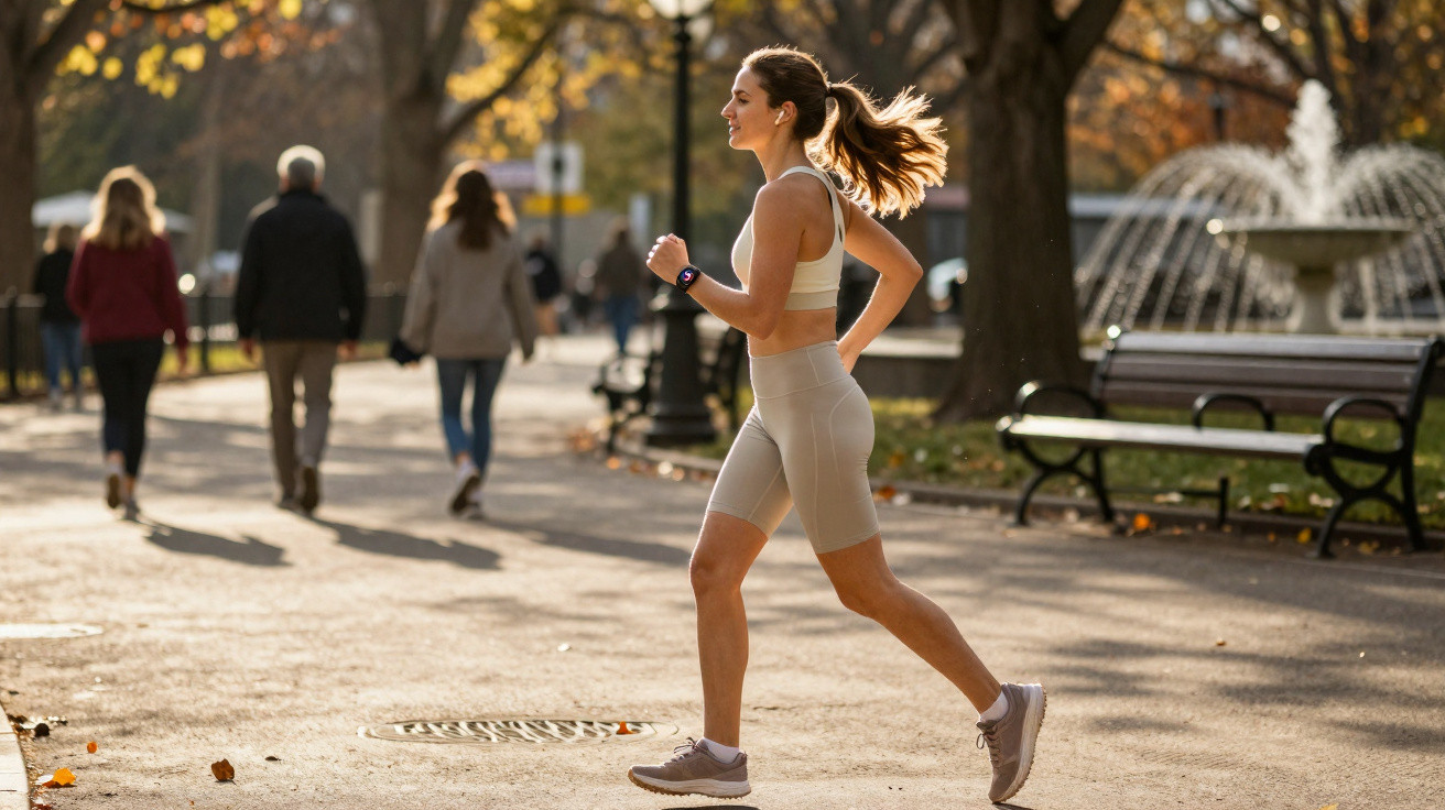 Junge Frau joggt im hellen Sportoutfit im Park, im Hintergrund Spaziergänger und eine Springbrunnenanlage.
