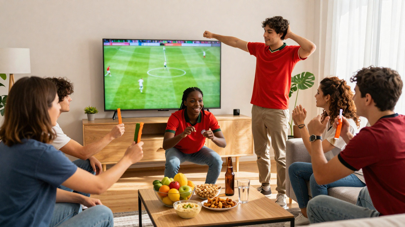 Eine Gruppe junger Leute schaut Fußball, jubelt und hält Snacks im Wohnzimmer.