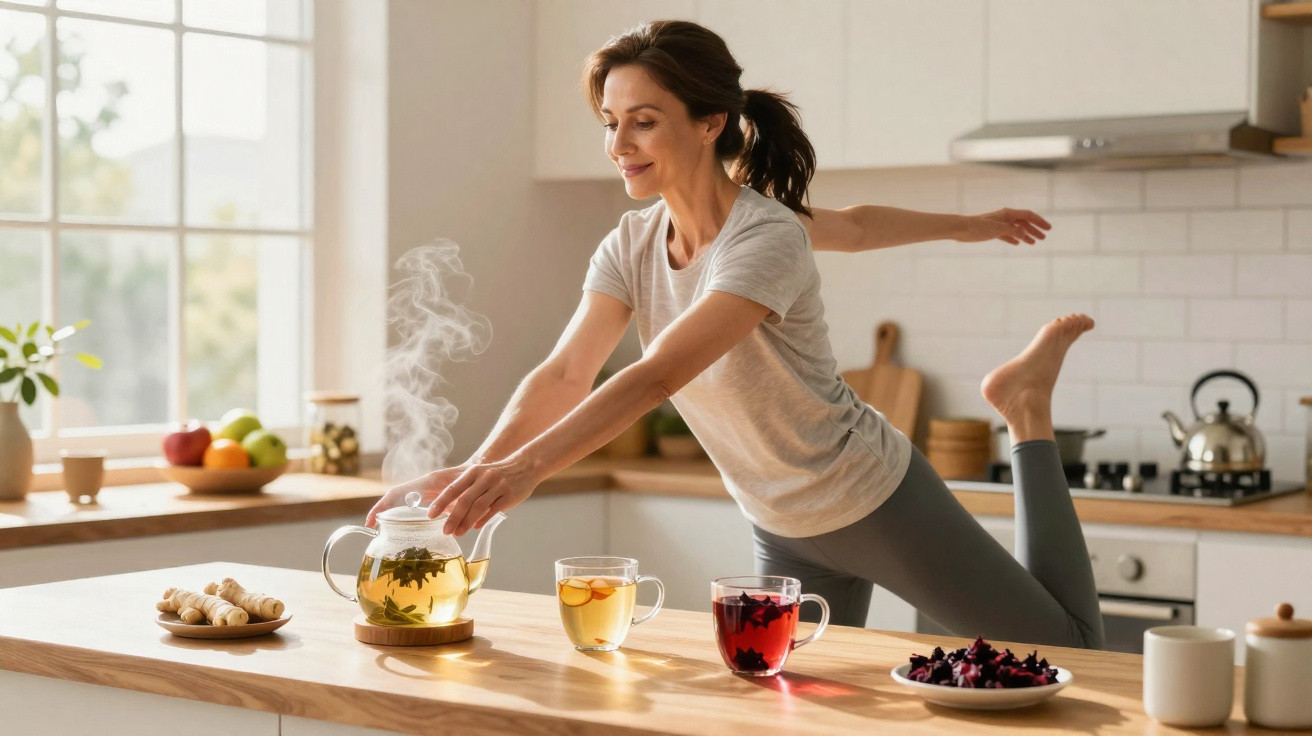 Frau macht Yoga in der Küche und greift nach dampfendem Kräutertee auf der Arbeitsplatte.