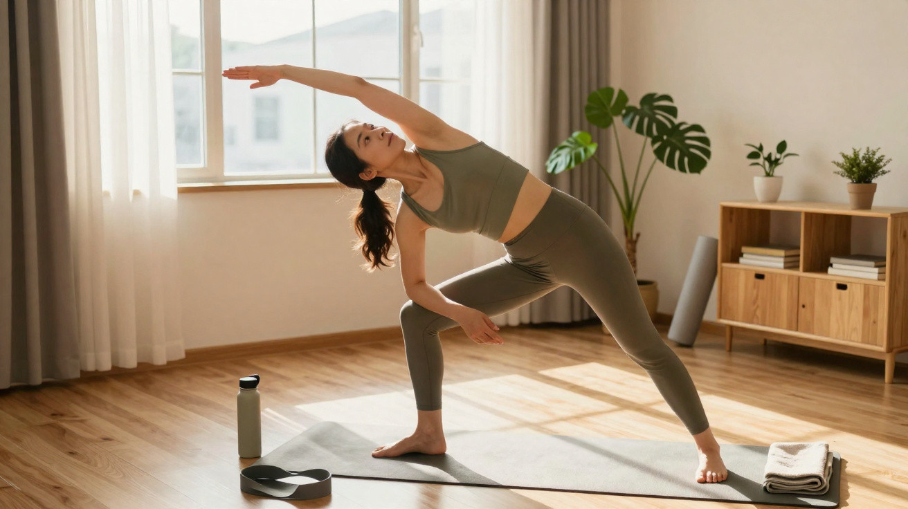 Frau macht Yoga-Dehnübung auf Matte in hellem Wohnzimmer mit Pflanzen und Holzmöbeln.